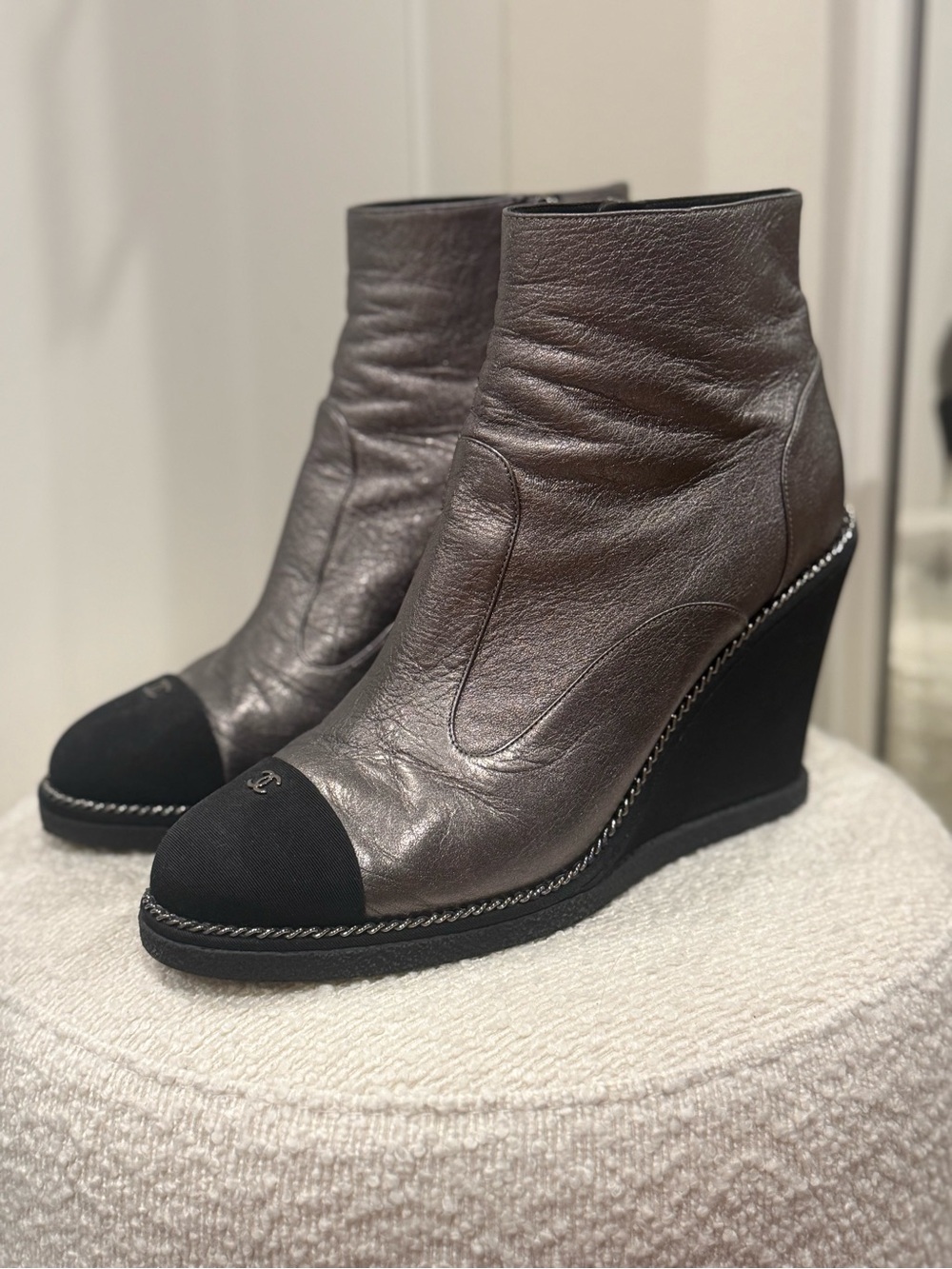 CHANEL Metallic Gray Wedge Ankle Boots with Black Cap Toe